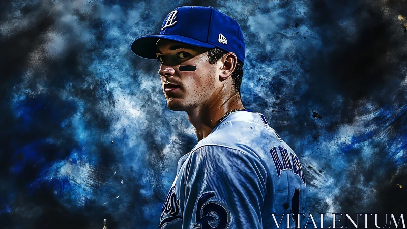 Digital painting portrait of baseball player with dynamic blue backdrop.