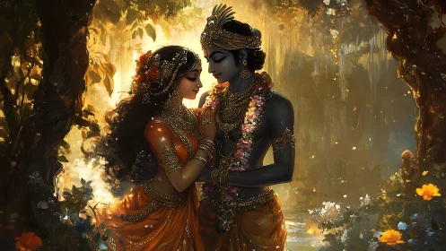 Divine couple embracing in luminous forest glade, jeweled attire