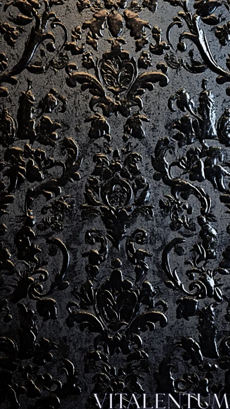 Ornate black damask wallpaper with glossy baroque relief