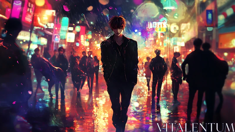 Solitary male figure in neon lit rainy urban nightlife street.