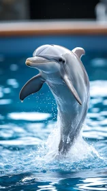 Bottlenose dolphin leaping from clear blue pool water.