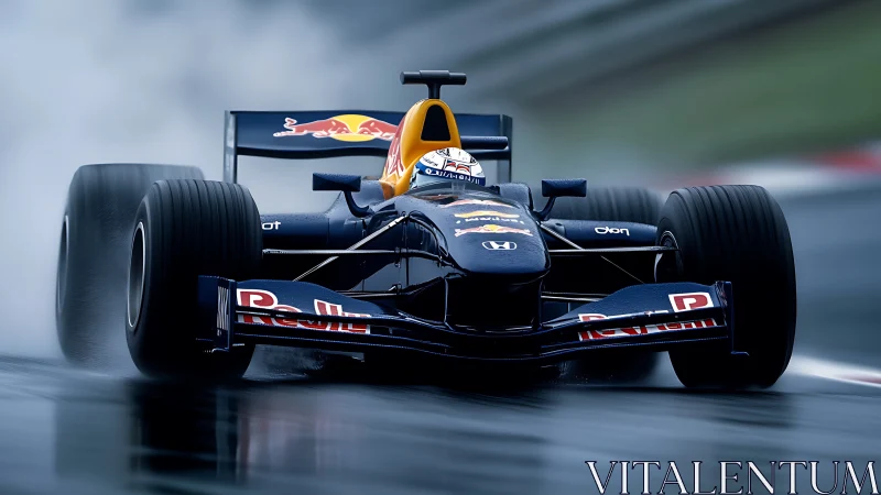 Formula car on wet circuit with visible spray and motion blur.