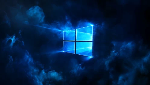 Glowing blue window logo floats gently in a digital night sky