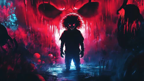 Bloodlit child silhouette before looming demonic visage.