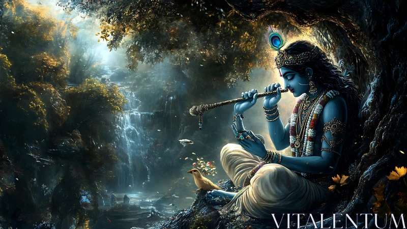 Blue-skinned flute player in ornate dress within forest setting.