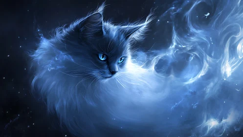 Cosmic Cat with Glowing Eyes in Ethereal Blue Light.