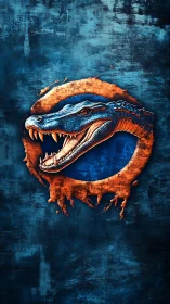 Ferocious blue reptile head bursts through torn orange ring