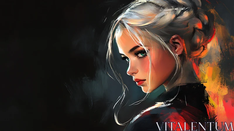 Chromatic side-lit portrait of braided woman in digital oils.