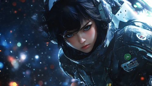 Armored space pilot portrait with luminous bokeh starfield