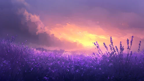 Lavender sunset glow over a peaceful, dreamlike meadow.