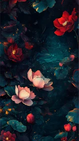 Enchanted Night Garden of Glowing Peonies and Lotus Blooms