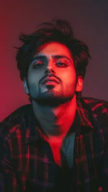 Moody portrait glows with bold red light and quiet attitude