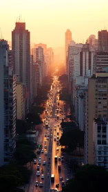 Sunset light streams through a busy high-rise avenue.
