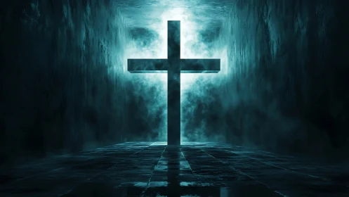 Luminous cross corridor in cinematic volumetric backlight composition.