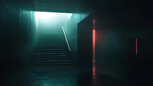 Underground Stairwell: Neon-lit Architectural Descent.