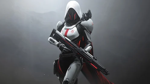 Hooded futuristic soldier in white and black armor with rifle.