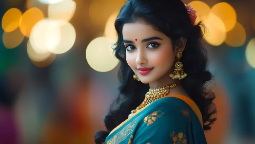 Ultra-refined digital portrait of woman in sari with bokeh lighting