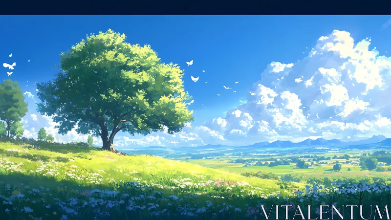 Sunlit meadow tree watching clouds drift across blue sky.