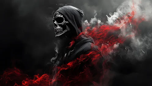 Hooded skull wreathed in bloodred smoke and midnight mist.