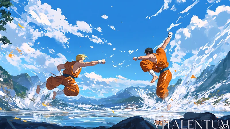 Martial artists clash above a mountain lake under vivid skies.