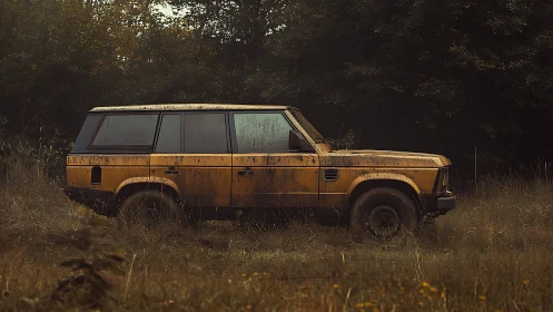 Mud-splashed forest rover dozing in amber twilight hush.