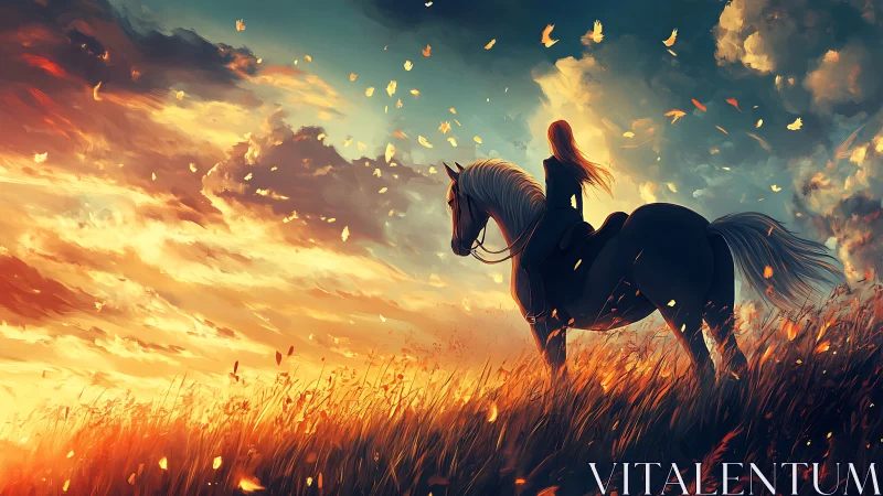 Sunset rider pausing in swirling fields of firelight.