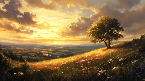 Solitary hillside tree glows under a sweeping golden sunset