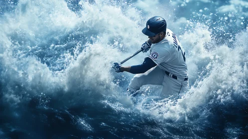 Baseball batter composited within turbulent ocean waves.