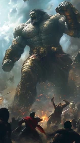 Colossal armored giant confronting infantry on battlefield.