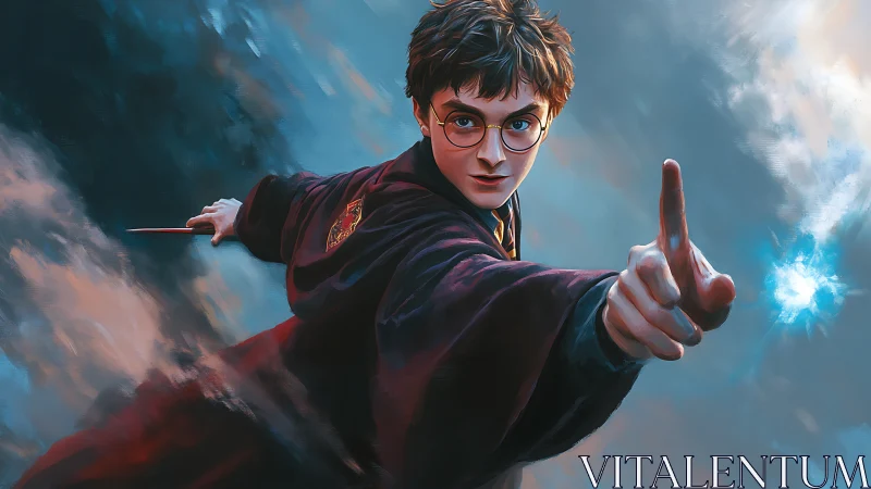 Young wizard casting focused spell in stormy sky scene.