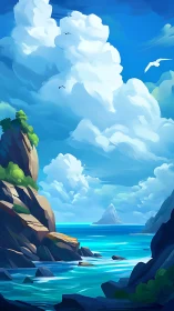 Coastal Serenity: Luminous Clouds Frame Turquoise Waters.