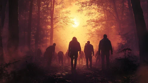 Backlit silhouettes of walkers advance through a burning forest