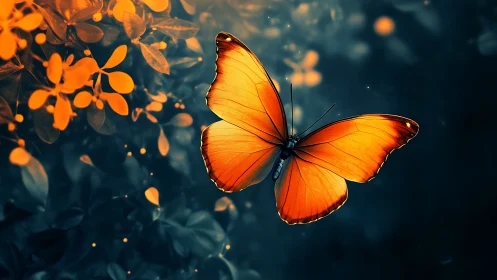 Monarch-style orange butterfly in high-contrast bokeh forest