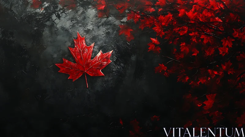 Single red maple leaf contrasts against clustered foliage