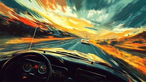 Driver&rsquo;s cockpit view on neon-lit highway at sunset storm