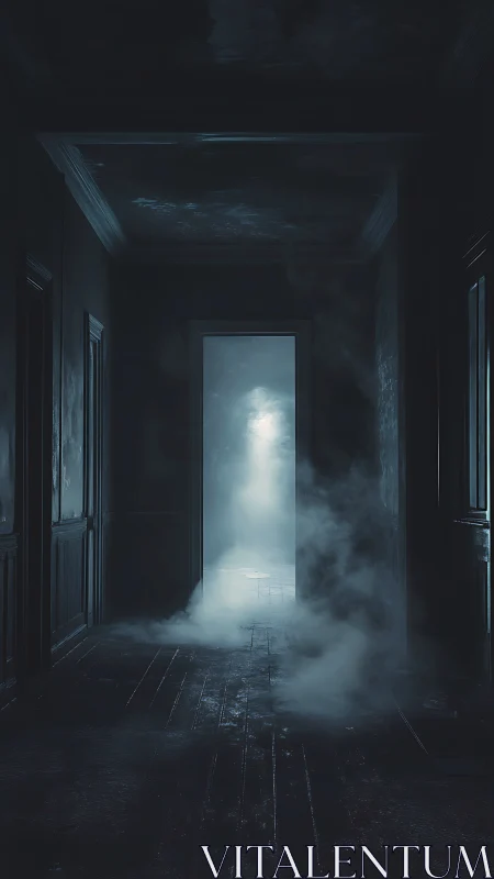 Fog-drenched corridor with backlit doorway and eerie glow.