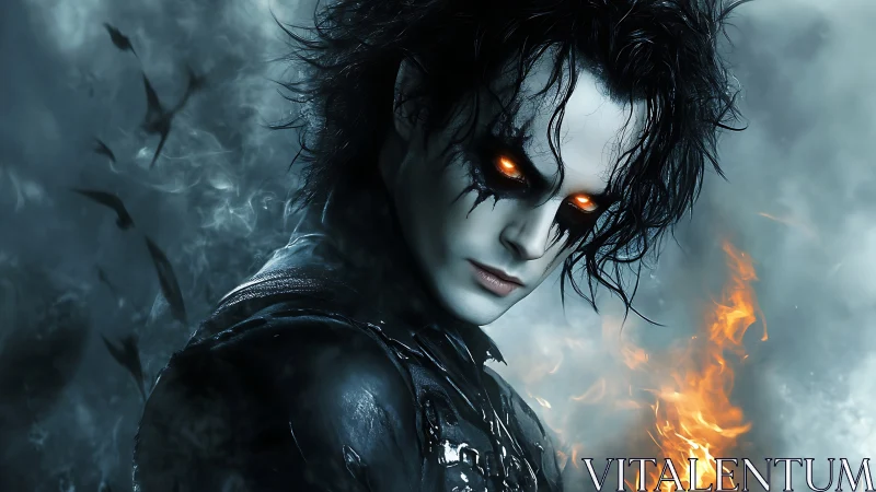 Dark fantasy figure with glowing eyes and fire element.