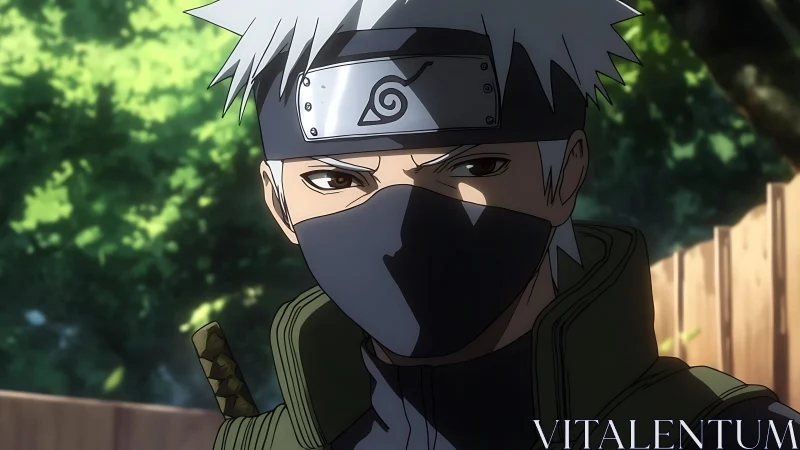 Masked silver-haired ninja stands watch in sunlit village