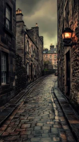 Rain-slick cobblestone alley under brooding twilight skies.
