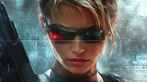 Cyborg operative with firearm and visor in urban setting.