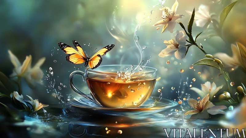 Golden tea cup welcomes a fluttering butterfly among blooms