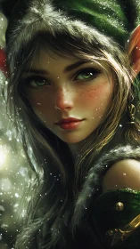 Close-up portrait of green-eyed elf in winter setting.