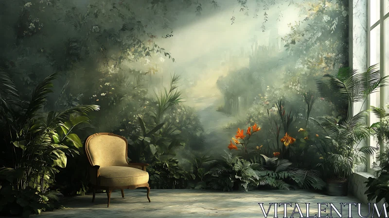 Interior corner shows armchair before dense painted foliage