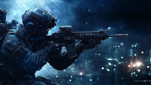 Midnight rain sniper poised above a neon-dusted cityscape.