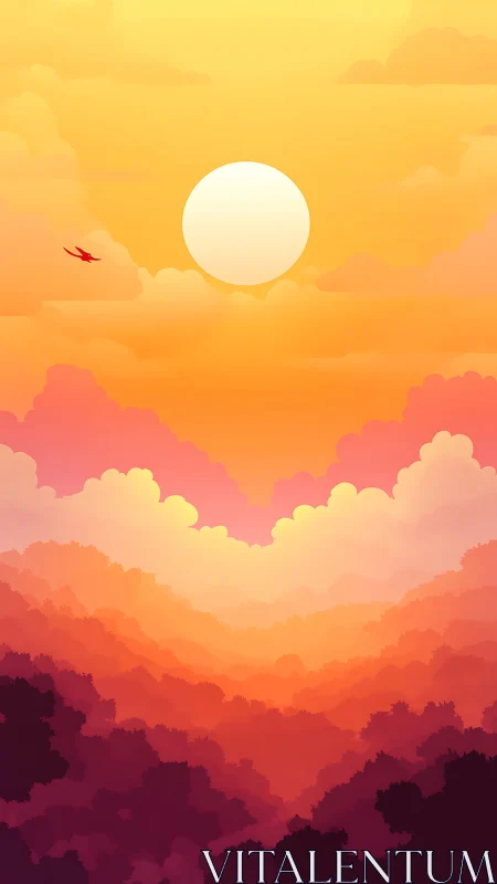 Sunball over sherbet forests in a cotton-candy sky.