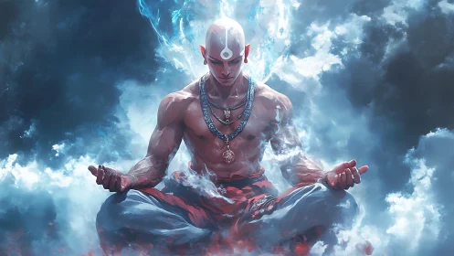 Bald male figure sits cross-legged amid cloudlike energy field