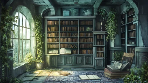Old stone library with tall bookshelves and windowed wall