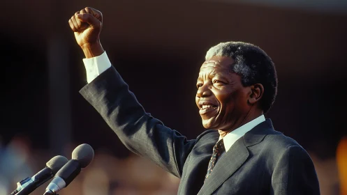 Elder statesman raises clenched fist during public address.