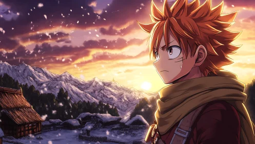 Determined anime traveler studies snowy mountain village at sunset