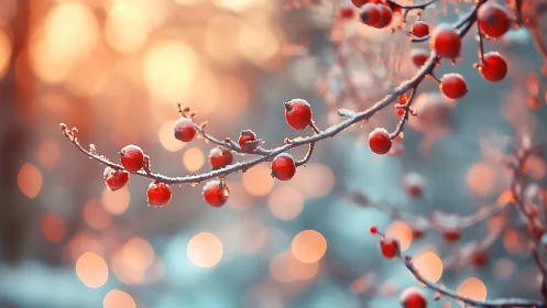 Frosted red berries glow softly against a dreamy winter sunset